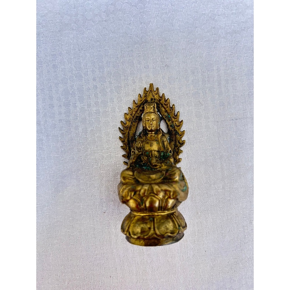 Brass Guan Yin Buddha Statue Seated Lotus Figurine Miniature Patina